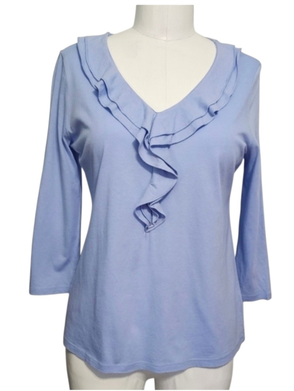 Talbots Women's Light Blue Ruffled-Trimmed V-Neck Blouse 3/4 Sleeve Sz MP